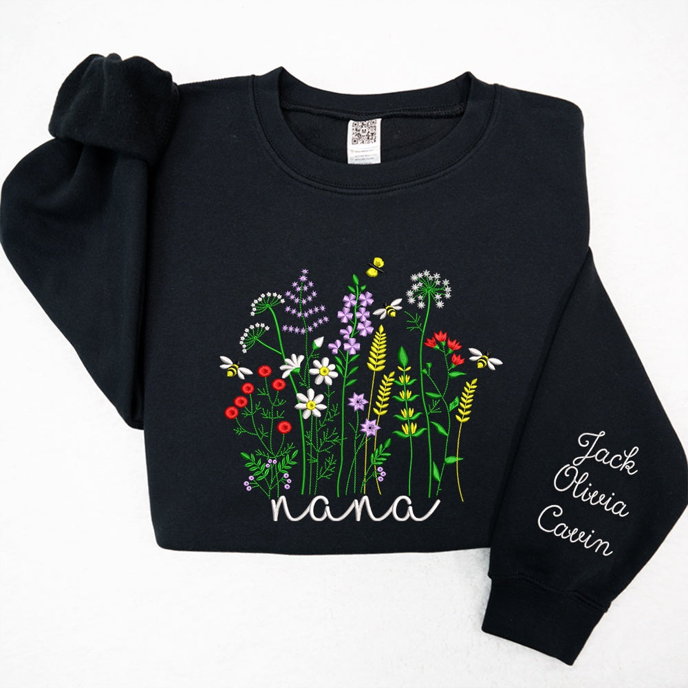Embroidered Sweatshirt, Custom Wildflower Nana With Grandkids Sweatshirt