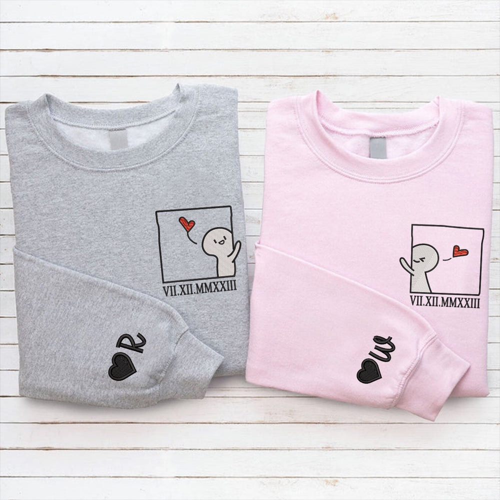 Embroidered Sweatshirt, Cute Cartoon Couple Custom Roman Numeral Matching Embroidered Sweatshirts For Couples