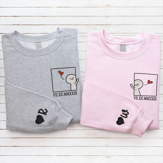 Embroidered Sweatshirt, Cute Cartoon Couple Custom Roman Numeral Matching Embroidered Sweatshirts For Couples