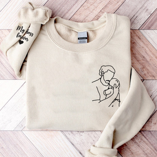 Embroidered Sweatshirt, Dad Sweatshirt, Custom Embroidered Portrait Photo Sweatshirt Father And Son