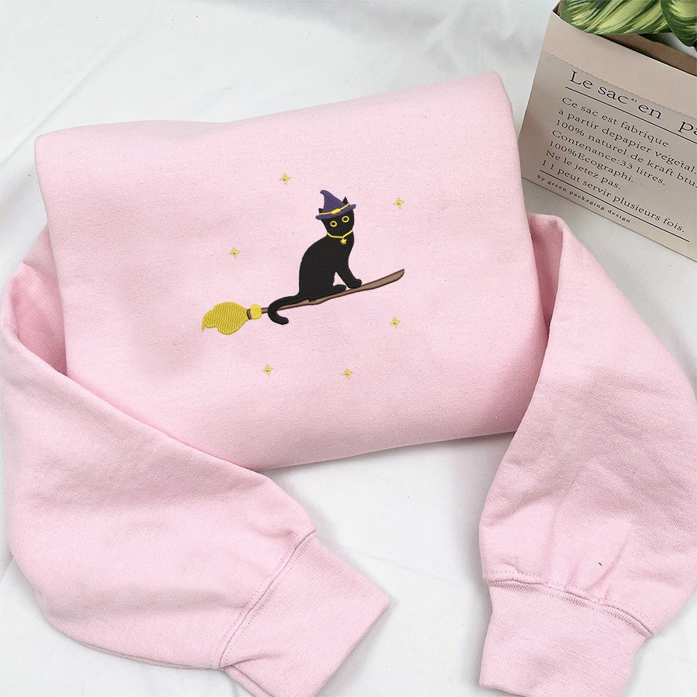 Embroidered Sweatshirt, Embroidered Cat Witch Sweatshirt, Halloween Adult Crew Neck, Unisex Fleece