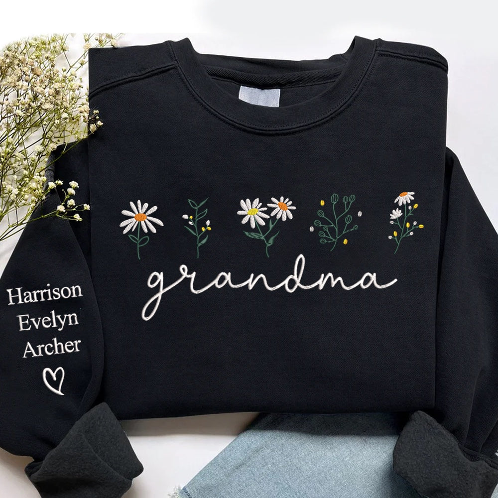 Embroidered Sweatshirt, Embroidered Daisy Grandma Lovely Daisy And Grandkids Sweatshirt