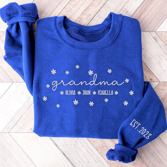 Embroidered Sweatshirt, Embroidered Grandma With Grandkids Est Daisy Sweatshirt