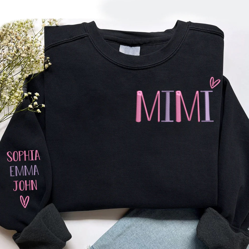 Embroidered Sweatshirt, Embroidered Mimi Heart And Grandkids Sweatshirt