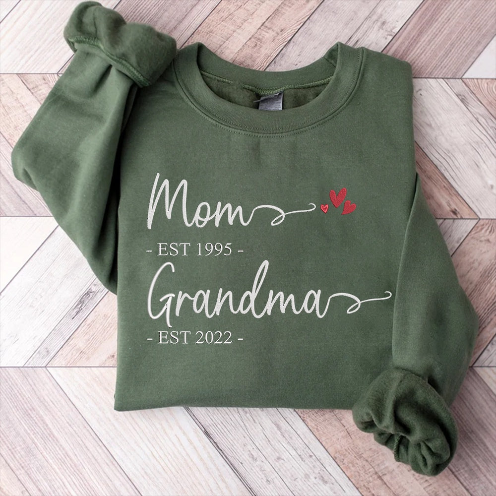 Embroidered Sweatshirt, Embroidered Mom Est And Grandma Est Sweatshirts
