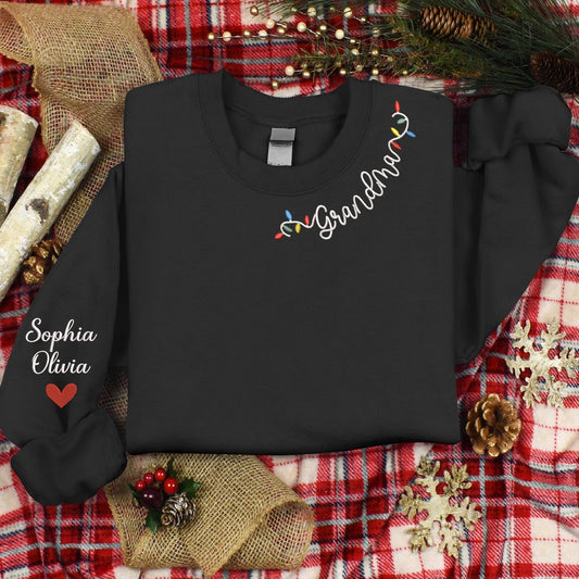 Embroidered Sweatshirt, Embroidered Personalized Christmas Lights Gift Grandma