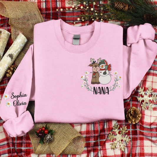 Embroidered Sweatshirt, Embroidered Reindeer Snowman Flowers Garden, Custom Give Grandma, Gift For Grandma