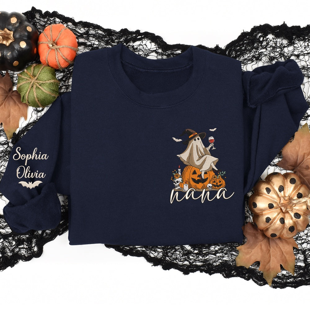 Embroidered Sweatshirt, Embroidery Halloween Ghost Wine Witch Hat Pumpkin Fall Gift Grandma