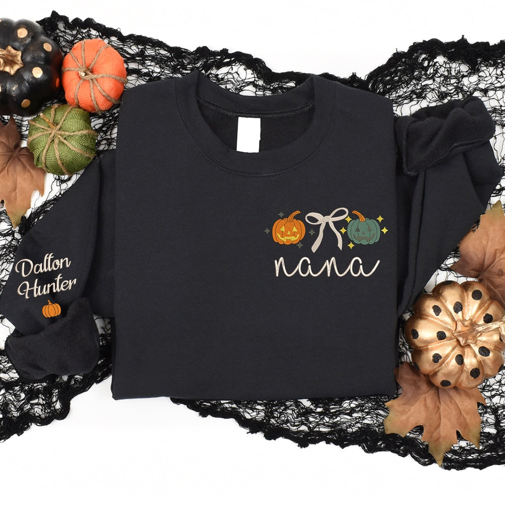 Embroidered Sweatshirt, Embroidery Pumpkin Bow Grandma And Grandkids Sweatshirt