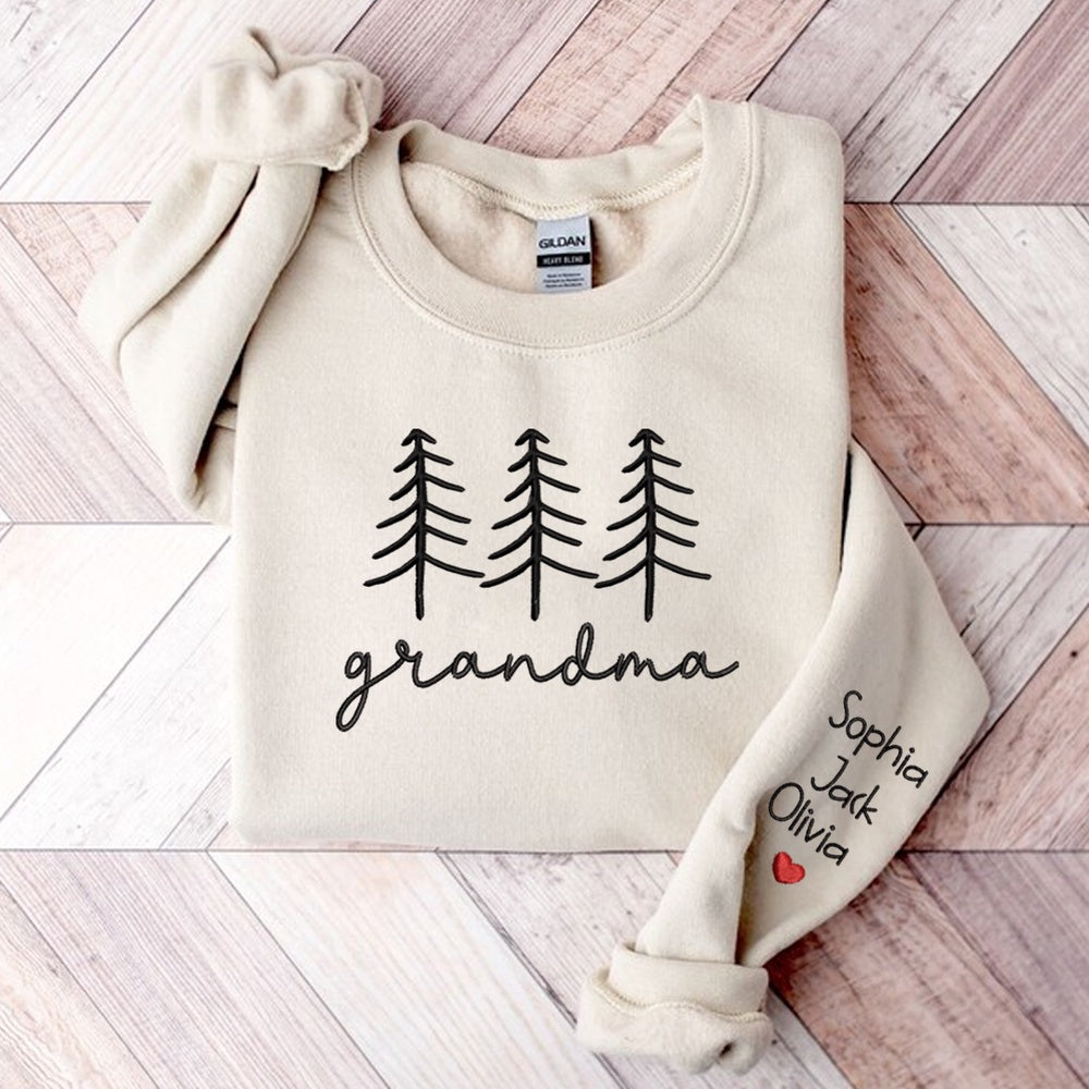 Embroidered Sweatshirt, Family Grandma Christmas Embroidery And Grandkids Sweatshirt