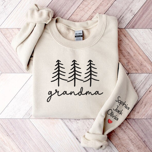 Embroidered Sweatshirt, Family Grandma Christmas Embroidery And Grandkids Sweatshirt