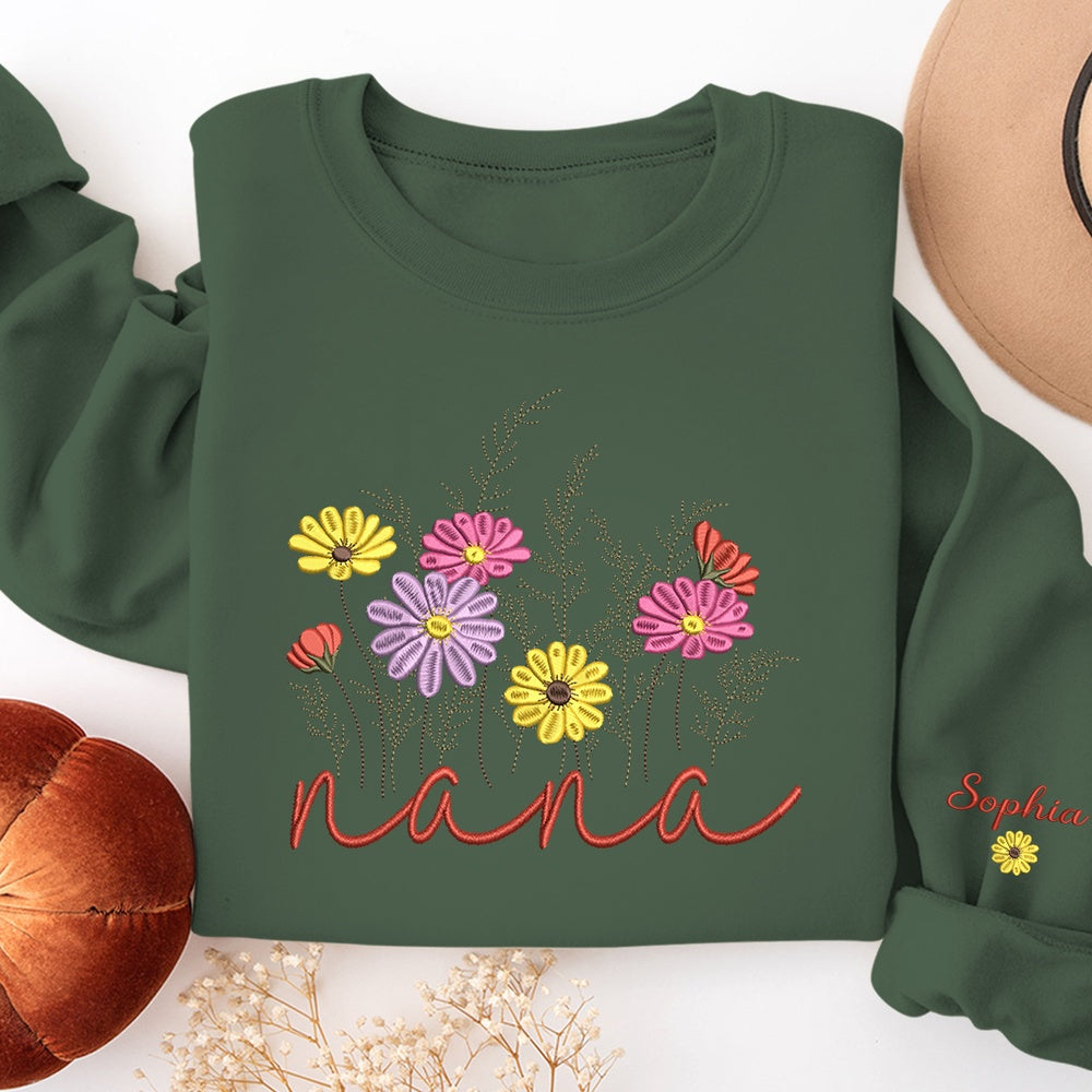 Embroidered Sweatshirt, Flowers Embroidery Give Grandma