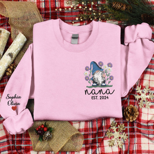 Embroidered Sweatshirt, Funny Gnome And Flowers Machine Embroidery For Nana, For Give Grandma