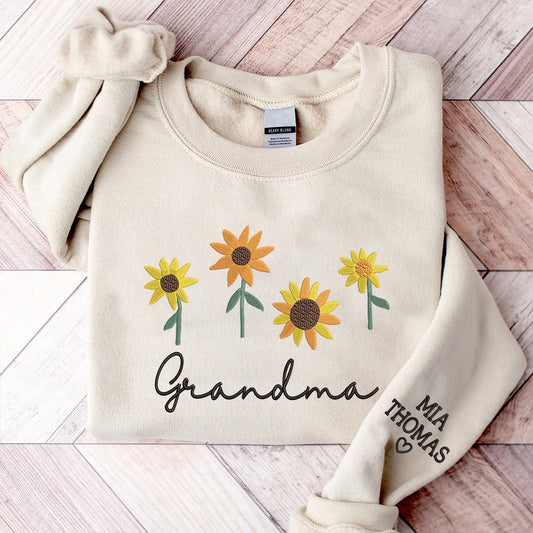 Embroidered Sweatshirt, Grandma Sunflower With Kids Embroidered Sweatshirt