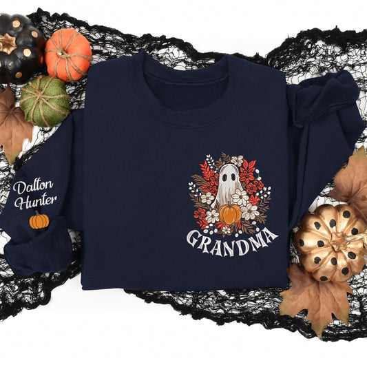 Embroidered Sweatshirt, Halloween Autumn Leaf Spooky Embroidered Sweatshirt Grandmother And Grandchild