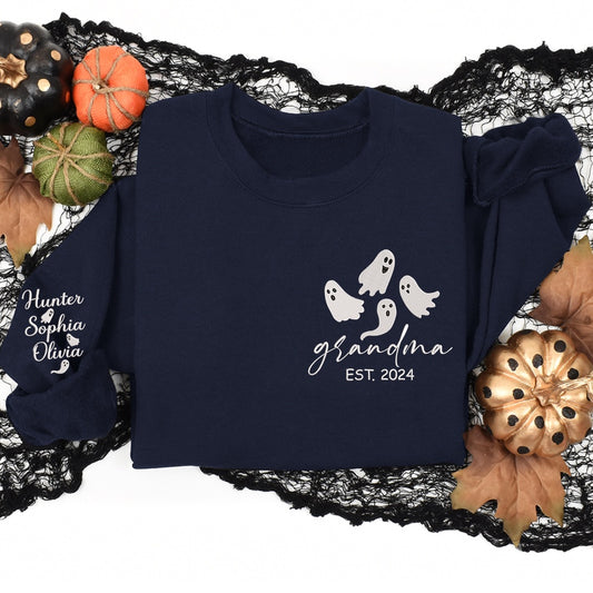 Embroidered Sweatshirt, Halloween Boo Embroidered Sweatshirt, Embroidered Ghost Sweatshirt For Gift Grandma