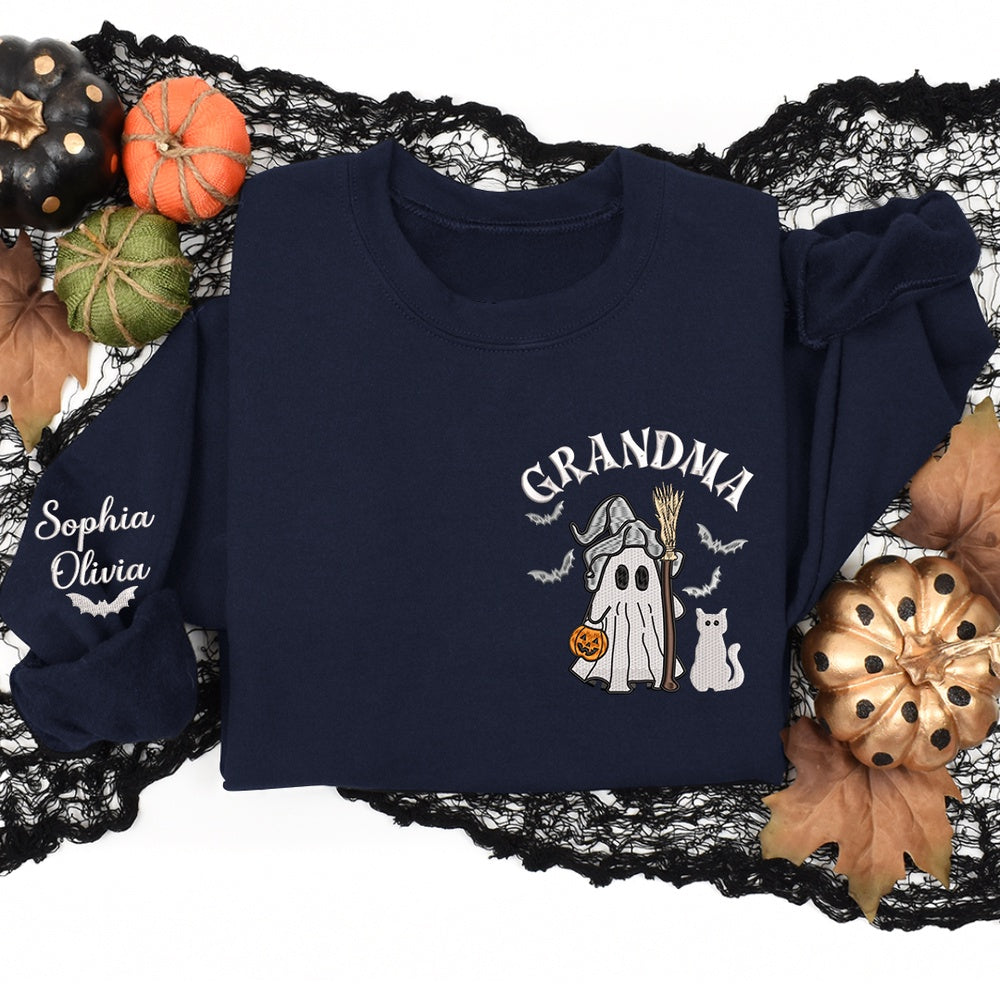Embroidered Sweatshirt, Halloween Embroidered Sweatshirt, Embroidered Ghost Sweatshirt For Gift Grandma