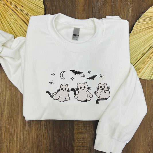 Embroidered Sweatshirt, Halloween Ghost Cats Sweatshirt, Halloween Cat Sweatshirt, Trendy Halloween Sweatshirt