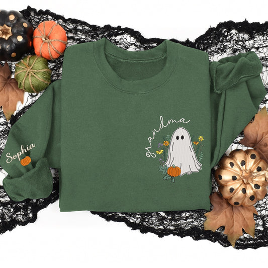 Embroidered Sweatshirt, Halloween Ghost Flower Embroidery For Grandma And Children, Gift For Grandma