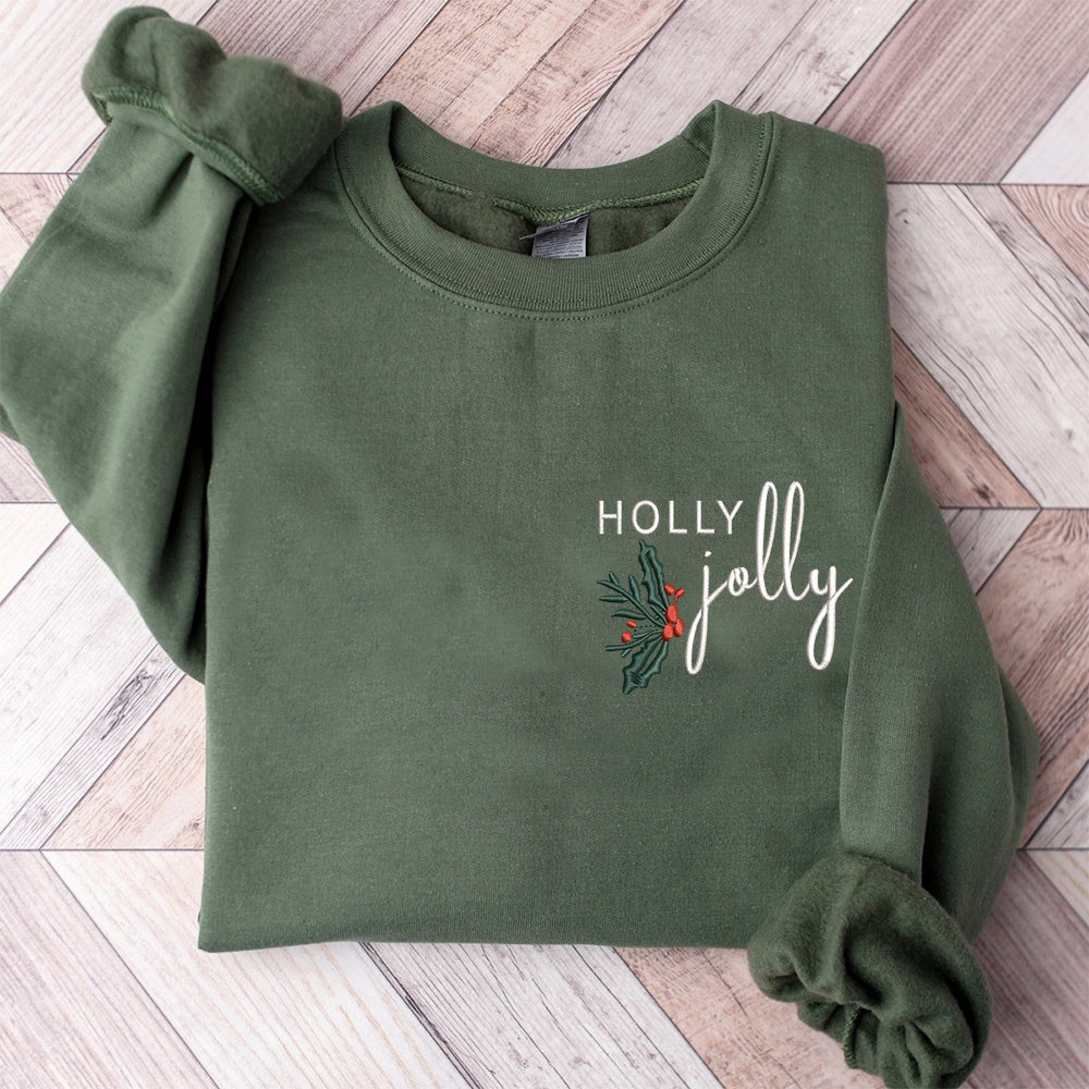 Embroidered Sweatshirt, Holly Jolly Embroidered Light Green Comfort Colors Crewneck Sweatshirt