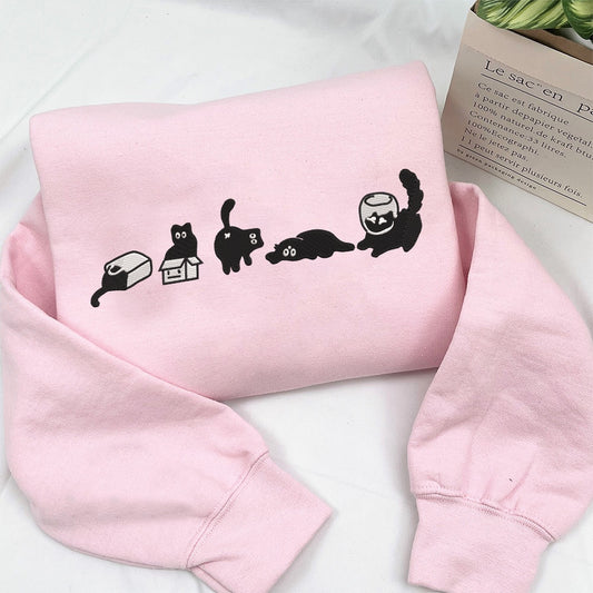 Embroidered Sweatshirt, Lovely Black Cat Embroidered Sweatshirt,Embroidered Cat Sweatshirt