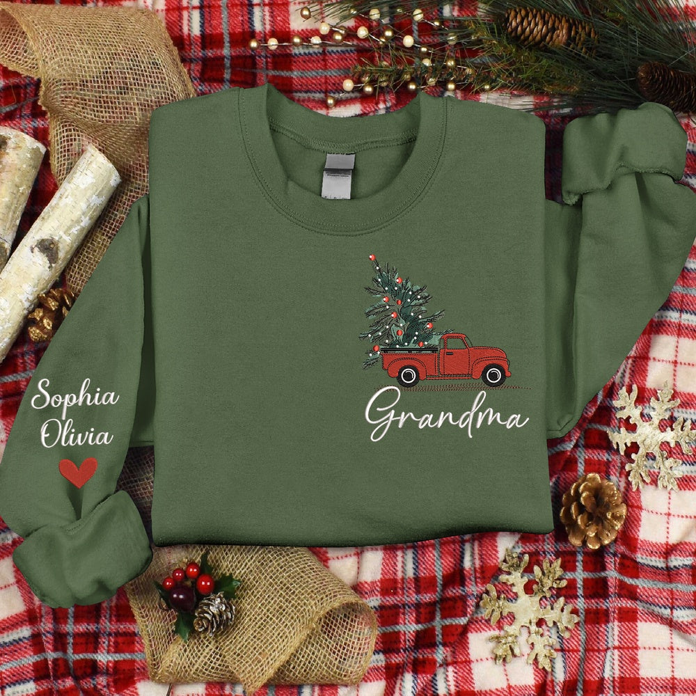 Embroidered Sweatshirt, Merry Christmas Truck Embroidery Grandma And Grandkids Sweatshirt