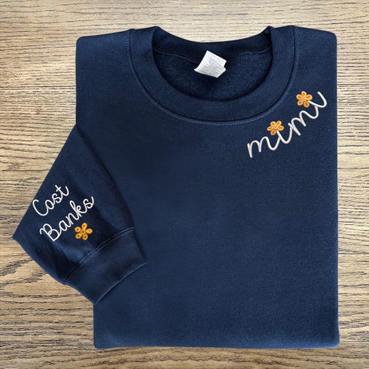 Embroidered Sweatshirt, Mimi Flower And Grandkids Embroidered Sweatshirt