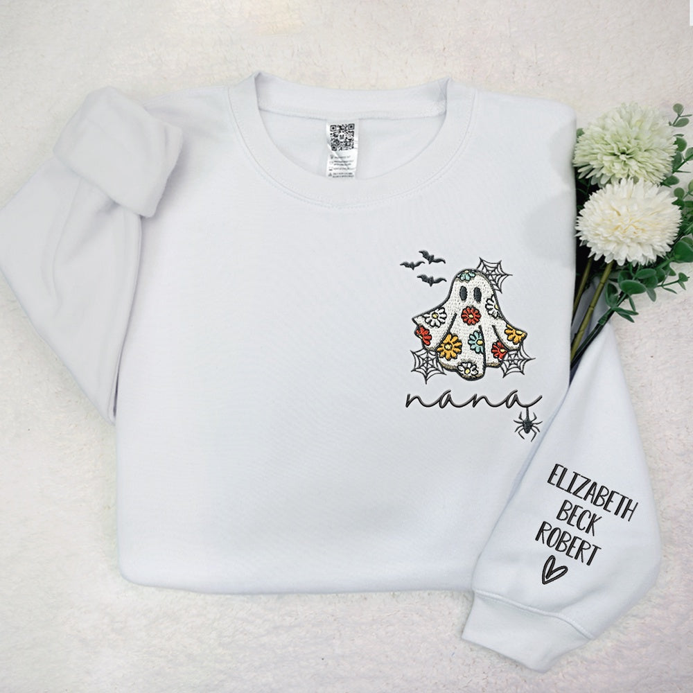 Embroidered Sweatshirt, Nana Daisy Ghost And Grandkids Embroidered Sweatshirt