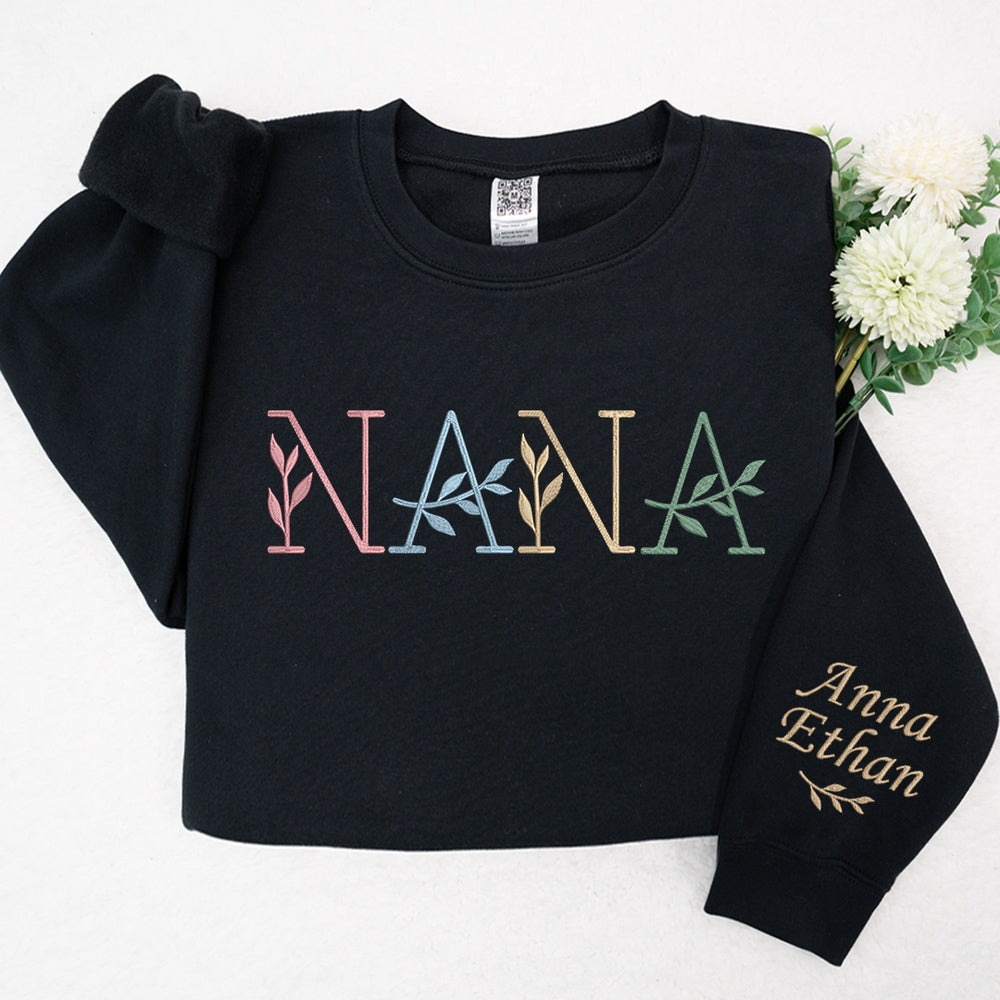 Embroidered Sweatshirt, Nana Floral Embroidered Sweatshirt, Custom Nana With Kids, Grandma Gift Sweatshirt