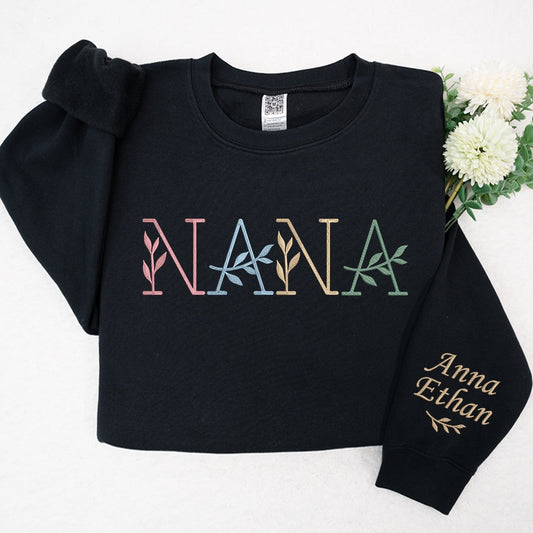 Embroidered Sweatshirt, Nana Floral Embroidered Sweatshirt, Custom Nana With Kids, Grandma Gift Sweatshirt