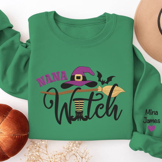 Embroidered Sweatshirt, Nana Witch Sweatshirt, Custom Grandma Halloween Gifts, Gift For Grandma Embroidered Sweatshirt