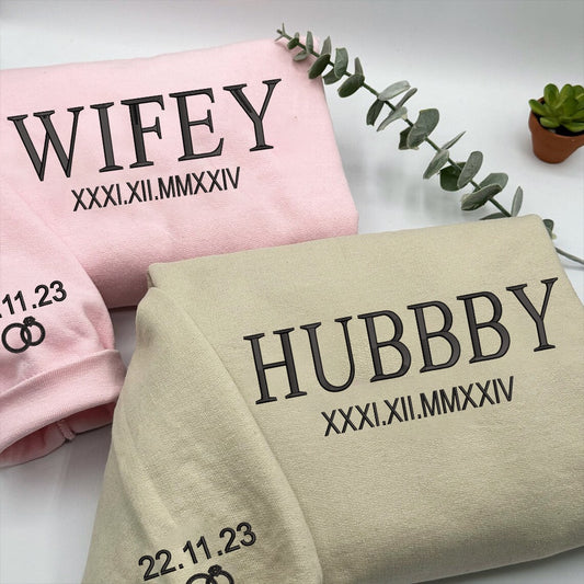 Embroidered Sweatshirt, Personalised Embroidered Tracksuit Set Of 2 Custom Wifey Hubby Couples Matching Sweatshirt