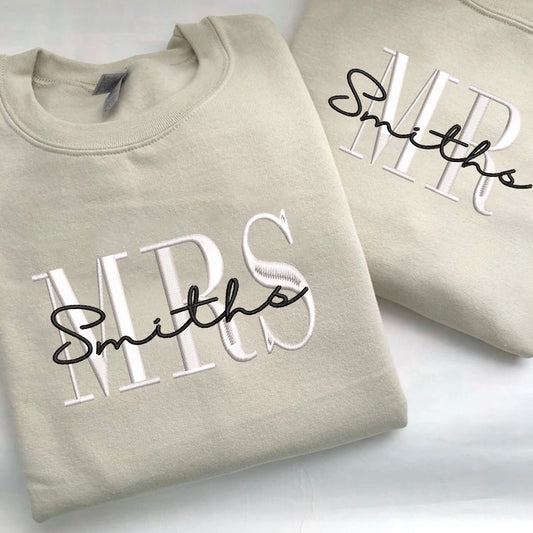 Embroidered Sweatshirt, Personalized Mr Mrs Embroidered Sweatshirt With Date On Sleeve, Custom Wifey & Hubby Outfit