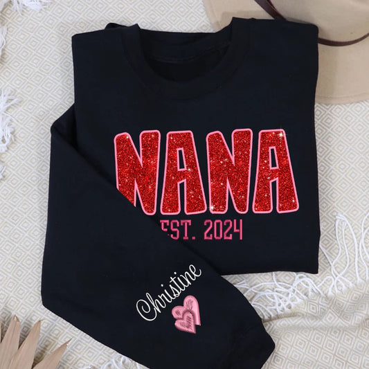 Embroidered Sweatshirt, Personalized Nana Glitter Embroidered And Grandkids Sweatshirt