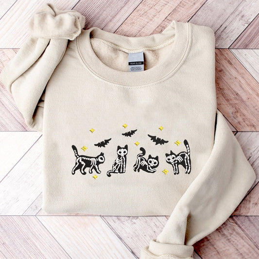 Embroidered Sweatshirt, Skeleton Ghost Cats Embroidered Crewneck - Halloween Ghost Cats Embroidered Crew