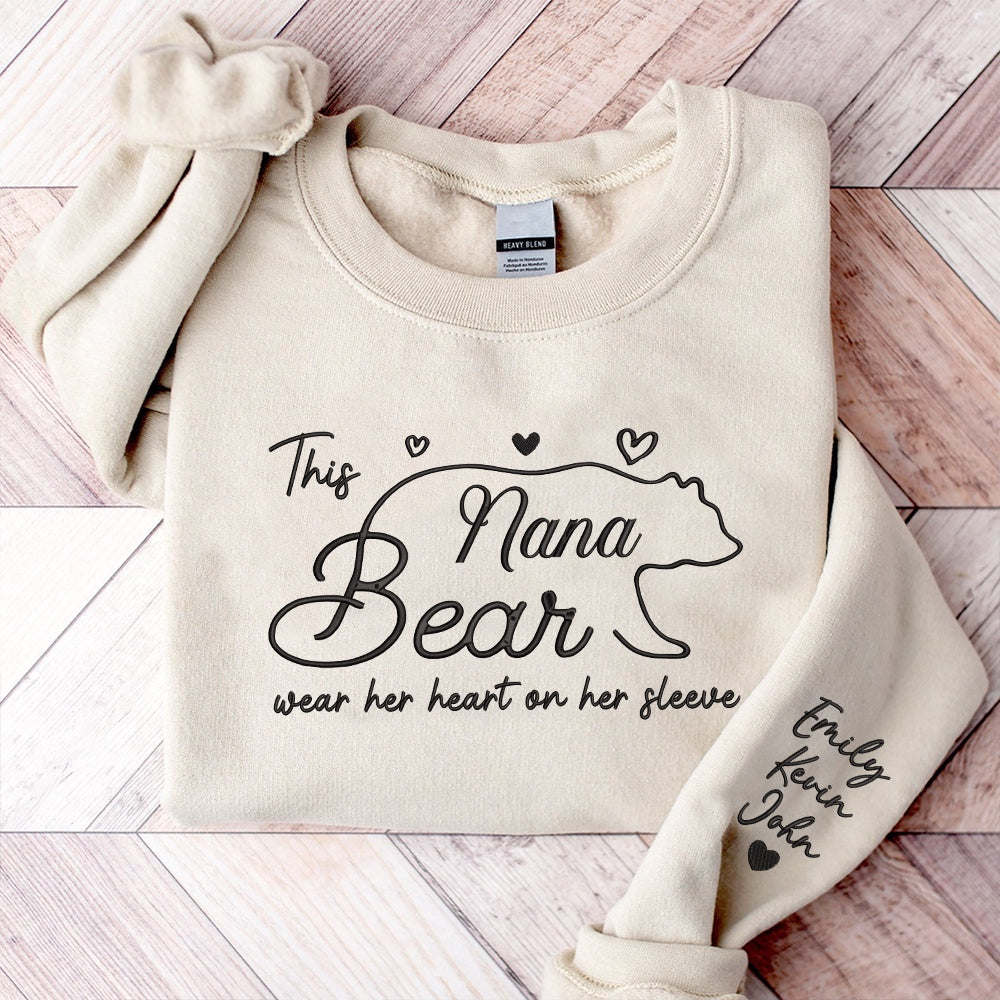 Embroidered Sweatshirt, This Nana Bear Wear Her Heart On Her Sleeve Embroidered Sweatshirt