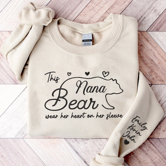 Embroidered Sweatshirt, This Nana Bear Wear Her Heart On Her Sleeve Embroidered Sweatshirt