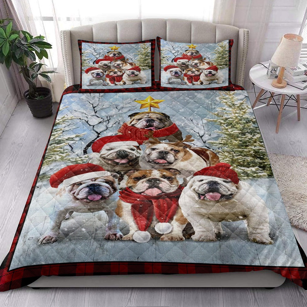 English Bulldog Quilt Set, English Bulldogmas Tree With Santa Hat Snowflake Red Quilt Blanket