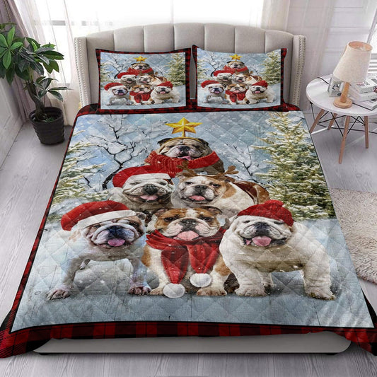 English Bulldog Quilt Set, English Bulldogmas Tree With Santa Hat Snowflake Red Quilt Blanket