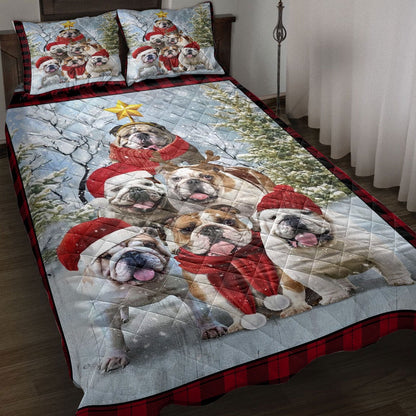 English Bulldog Quilt Set, English Bulldogmas Tree With Santa Hat Snowflake Red Quilt Blanket