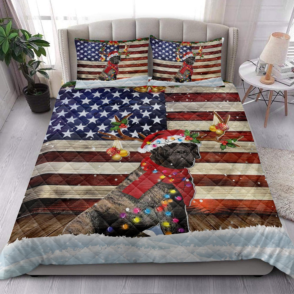 English Mastiff Quilt Set, Brindle English Mastiff Wearing Amas Hat With String Light Quilt Blanket