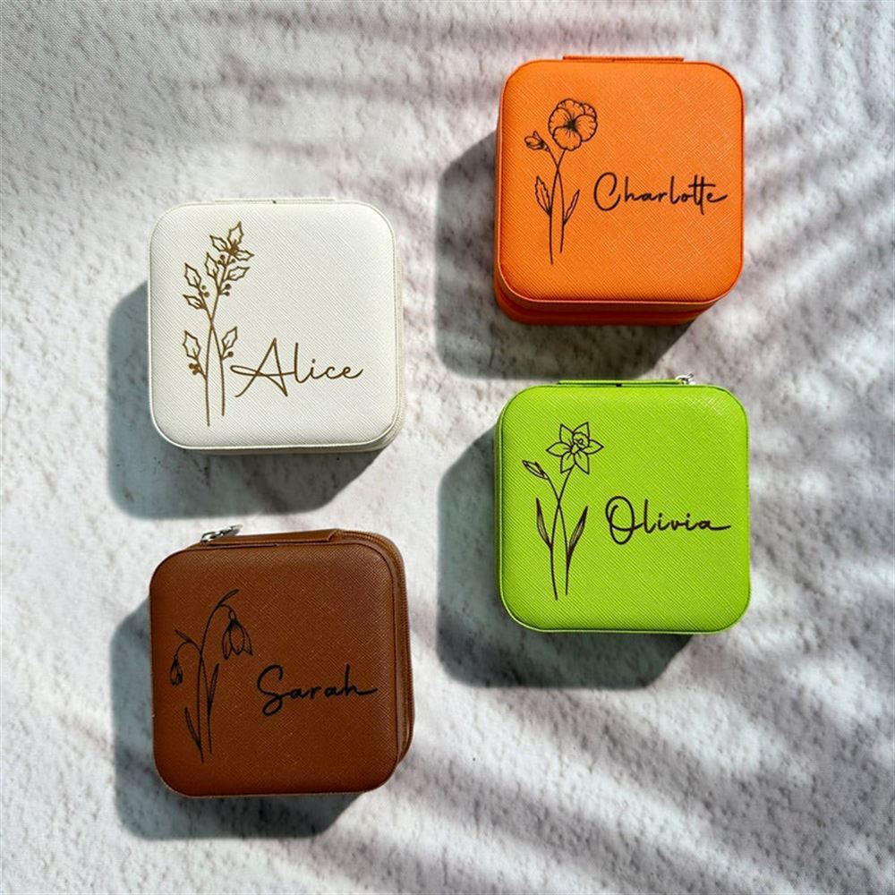 Engraved Birth Flower Jewellery Box, Mother's Day Jewelry Case
