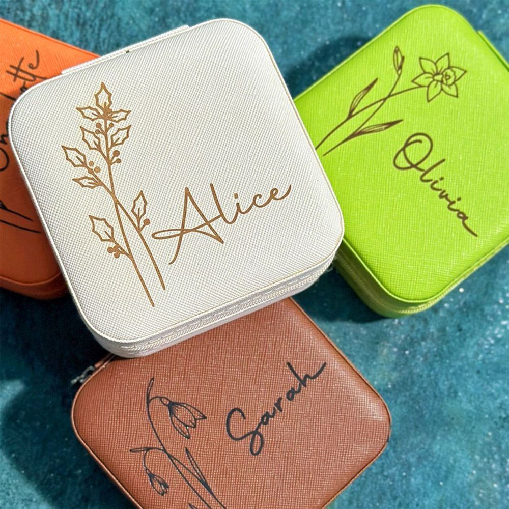 Engraved Birth Flower Jewellery Box, Mother's Day Jewelry Case