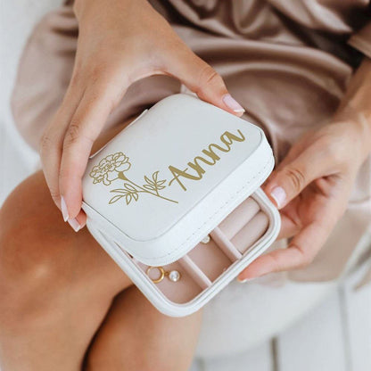 Engraved Jewelry Box, Personalized Birth Flower And Name Jewelry Case, Mother's Day Jewelry Case