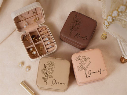 Engraved Leather Jewelry Box, Jewelry Box Travel Case, Mother's Day Jewelry Case