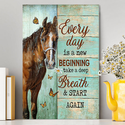 Every Day Is A New Beginning Brown Horse Monarch Butterfly Canvas Wall Art - Christian Canvas Prints