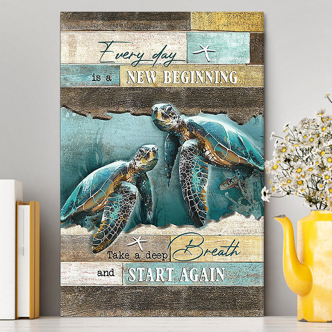 Every Day Is A New Beginning Sea Turtle Deep Ocean White Starfish Canvas Wall Art - Christian Canvas Prints