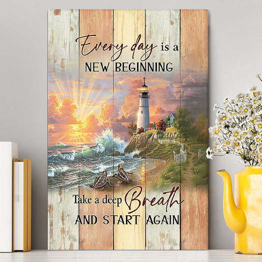 Every Day Is New Beginning Sunset Sea Turtle Lighthouse Canvas Wall Art - Christian Canvas Prints - Bible Verse Canvas Art