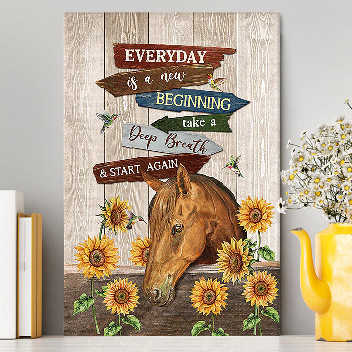 Everyday Is A New Beginning Horse Sunflower Garden Hummingbird Canvas Wall Art - Christian Canvas Prints