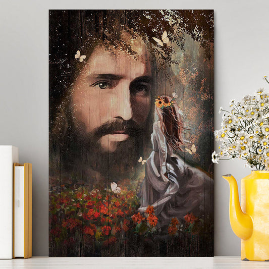 Face Of Jesus Pretty Girl Red Flower Garden Canvas Art - Christian Art - Bible Verse Wall Art - Religious Home Decor